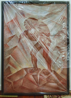 Large, cubist pastel drawing of early man