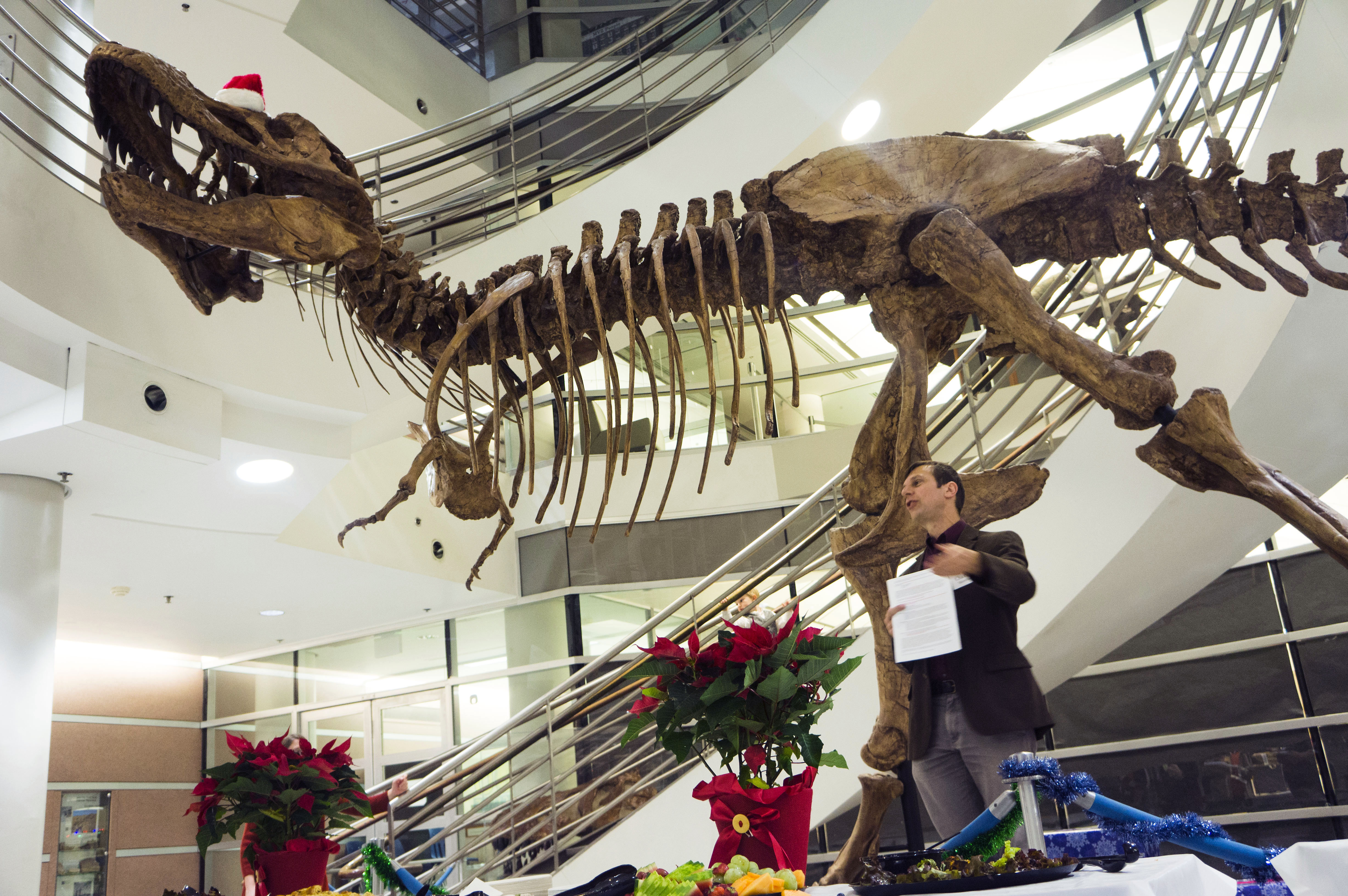 Charles Marshall in front of T. rex at the Night at the Museum holiday party.