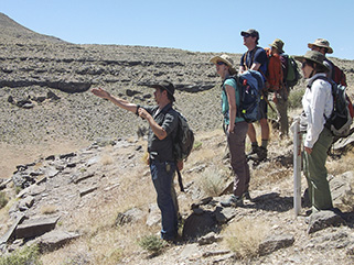 Standing on top of a down-faulted block of the House Limestone, Seth tells us a bit about the overlying Fillmore Formation.