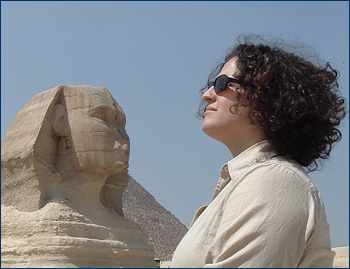Lorraine doing her best Sphinx imitation, Giza, Egypt