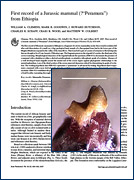The cover page of a journal article and a photo of a tooth from Ethiopia's oldest mammal