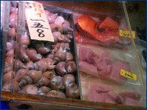 Whelks and other seafood found at the Tsukiji fish market