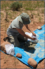 Nate fills mesh bags with dried sediment