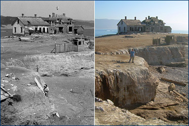 Excavation of the baleen whale in 1986 and how the site looks today