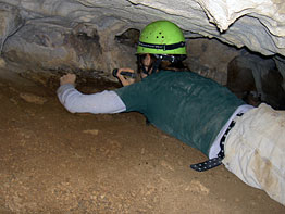 Jenny McGuire recovers rodent bones from a cave