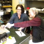 Susan Tremblay (left) and paleobotanist Carol Hotton (right) talking liverworts