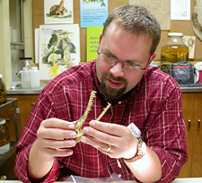 Matt examines the skull of Tomistoma