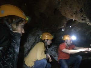 Marianne Brasil, Leslea Hlusko and Dominic Stratford underground in Sterkfontein Cave, South Africa. Photo by Tesla Monson