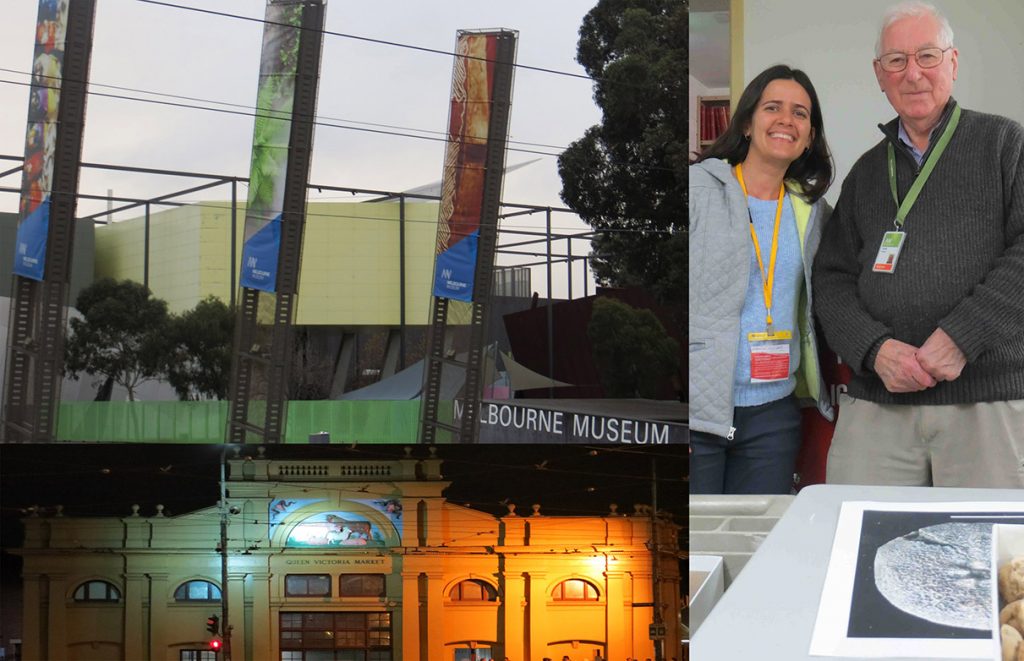 Figure 4: Photograph of the Melbourne Museum building (top left), of the Queen Victoria Market (a “must go” place in Melbourne according to the natives; bottom left), and of me and Frank Holmes in the paleontological collection (image on the table is of the new Paleocene cassiduloid) (right).