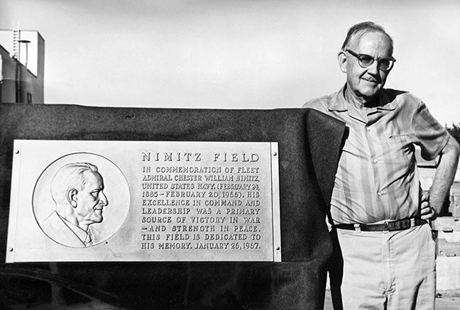 Huff with his Nimitz Field plaque