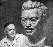 Huff with his bust of Hideyo Noguchi