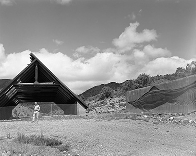 The completed ichthyosaur relief and the A-frame shelter over the main quarry