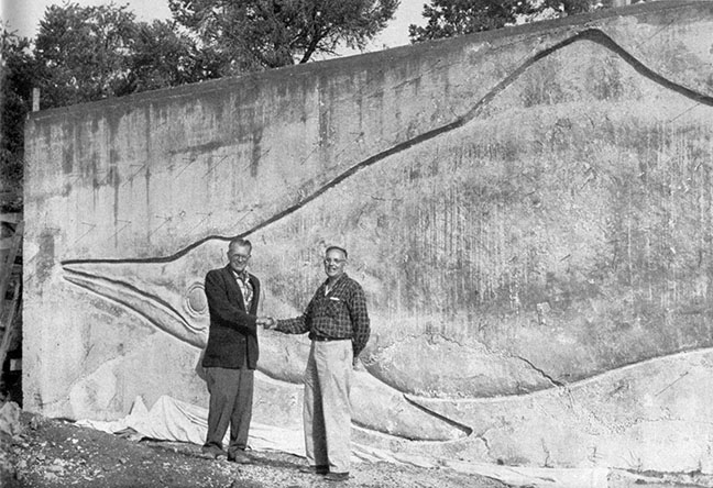 Charles Camp and Huff after the unveiling of the ichthyosaur relief