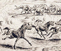 Horses fleeing a fire with mammoths in the background