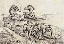 Men-drawn wagons with horse drivers