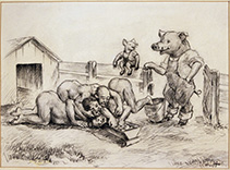Pig farmers watching men eating at trough