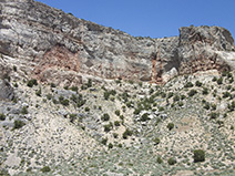 The red areas are infilled caves in the Howell Limestone, north side of Marjum Pass.