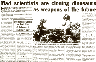 Cloning dinosaurs tabloid headline