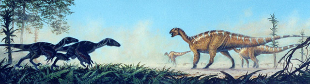 Two Deinonychus approach a Tenontosaurus herd, by Michael Skrepnick
