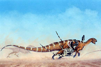 Deinonychus attack a tenontosaur, by Michael Skrepnick
