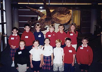 Saklan Valley School students with Triceratops