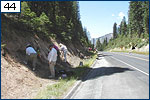 The group spreads out along the road cut