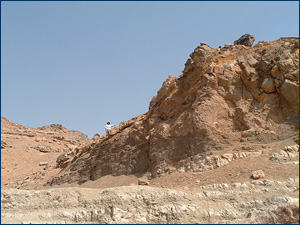 Lorraine standing on late Eocene rocks of the Moqqatam Formation on the other side of the Nile Valley from the Giza Pyramids, searching for the last of the Eocene <i>Nummulites</i>