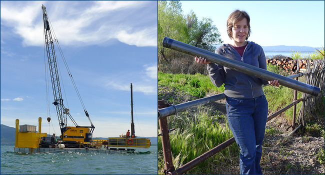 The drilling barge on Clear Lake and paleobotanist Cindy Looy shows off one of the drill cores