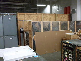 The crated bas-relief at the Regatta storage facility