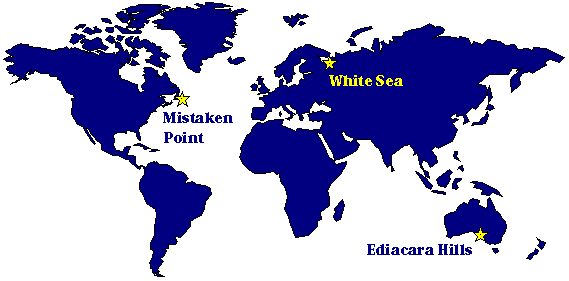 World map showing Vendian localities